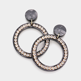Rhinestone Embellished Celluloid Acetate Open Circle Dangle Earrings