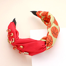 Game Day Multi Stone Embellished Basketball Patterned Twisted Headband