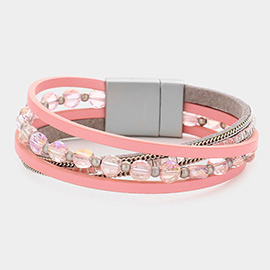 Round Bead Faux Leather Magnetic Bracelet