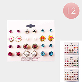 12 Set of 12 - Round Stone Sun Pearl Stud Earrings