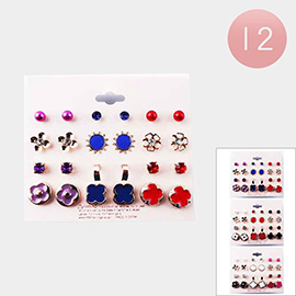 12 Set of 12 - Pearl Flower Round Stone Stud Earrings
