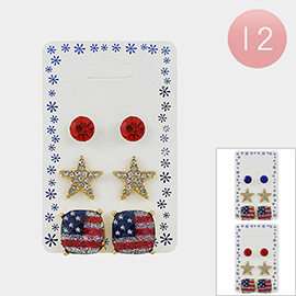 12 Set of 3 - Round Stone Star American USA Flag Stud Earrings