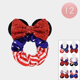 12PCS - Sequin Bow American USA Flag Mouse Ear Scrunchies Hair Bands