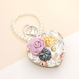 Floral Pearl Multi Bead Embellished Heart Compact Mirror / Keychain