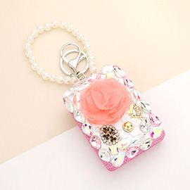 Floral Pearl Multi Bead Embellished Rectangle Compact Mirror / Keychain
