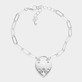 Brass Metal CZ Embellished Heart Lock Charm Bracelet