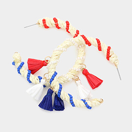 American USA Flag Raffia Seed Bead Wrapped Tassel Hoop Earrings