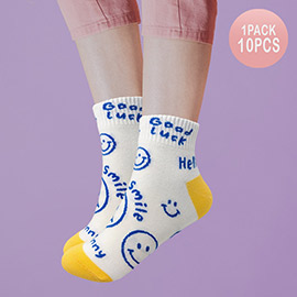 10Pairs - Smile Hello Good Luck Message Patterned Socks