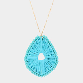 Faceted Bead Trimmed Woven Raffia Pendant Long Necklace