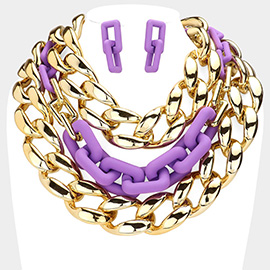 Chain Colored Open Rectangle Link Triple Layered Necklace
