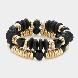 2PCS - Wood Ball Metal Beaded Stretch Bracelets