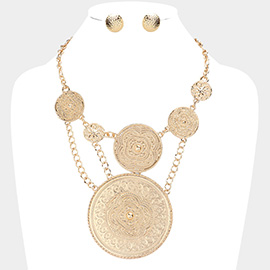 Embossed Metal Round Link Statement Necklace