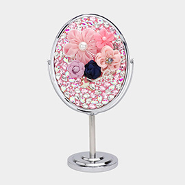 Flower Pearl Stone Embellished Table Stand Mirror
