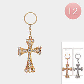 12PCS - Stone Embellished Cross Keychains