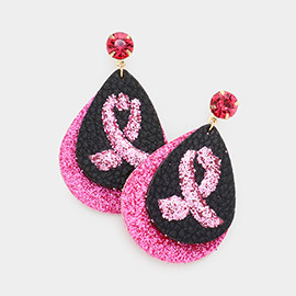 Round Stone Bling Pink Ribbon Accented Teardrop Dangle Earrings