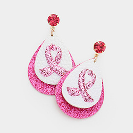 Round Stone Bling Pink Ribbon Accented Teardrop Dangle Earrings
