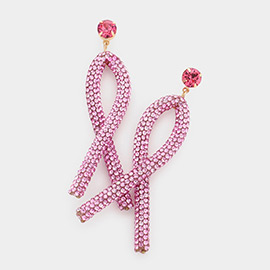 Round Stone Bling Pink Ribbon Dangle Earrings