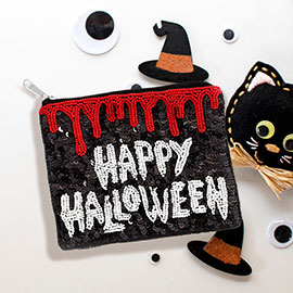 Happy Halloween Message Sequin Beaded Mini Pouch Bag