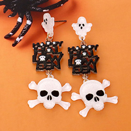 Happy Halloween Message Glittered Resin Ghost Skull Link Dangle Earrings