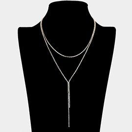 Brass Metal Rhinestone Pave Double Layered Y Necklace