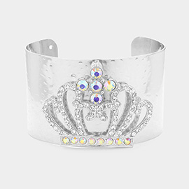 Stone Embellished Crown Accented Metal Cuff Bracelet