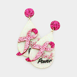 Glittered Pink Power Message Ribbon Pointed Teardrop Dangle Earrings