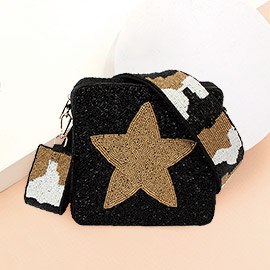 Seed Beaded Star Accented Square Camouflage Crossbody Bag