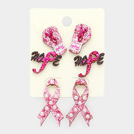 3Pairs - Glittered Fight Gloves Hope Message Pink Ribbon Stud Earrings
