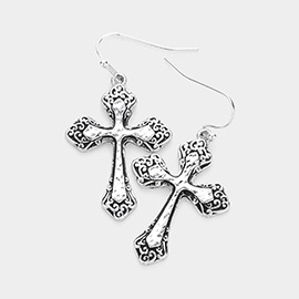 Embossed Antique Metal Cross Dangle Earrings