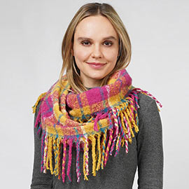 Plaid Check Patterned Fringe Infinity Scarf