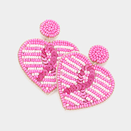 Felt Back Sequin Pink Ribbon Pointed Seed Beaded Heart Dangle Earrings