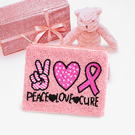 Peace Love Cure Message Seed Beaded Heart Pink Ribbon Mini Pouch Bag