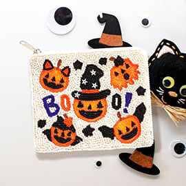 Boo Message Pumpkin Seed Beaded Halloween Mini Pouch Bag