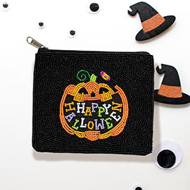 Happy Halloween Message Pumpkin Seed Beaded Halloween Mini Pouch Bag