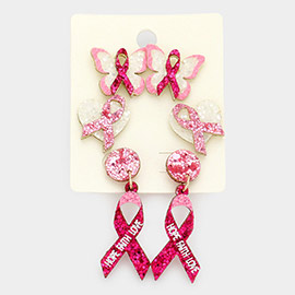 3Pairs - Glittered Butterfly Heart Pink Ribbon Earrings