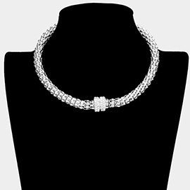 Rhinestone Embellished Metal Choker Necklace