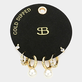 Secret Box _ Gold Dipped Stone Pearl Embellished Metal Hoop 3Pairs Earrings