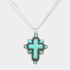 Natural Stone Cross Pendant Double Layered Necklace