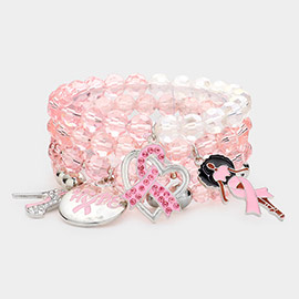4PCS - Pink Ribbon Stiletto Heel Hope Message Afro Girl Charm Faceted Beaded Stretch Bracelets