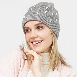 Pearl Embellished Knit Beanie Hat