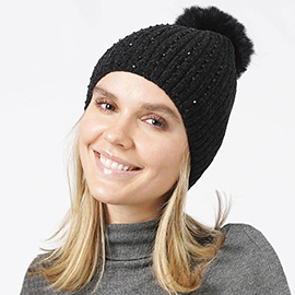 Stone Embellished Chenille Pom Pom Beanie Hat