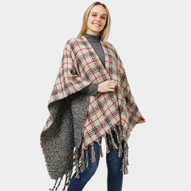 Reversible Plaid Check Patterned Cape Poncho