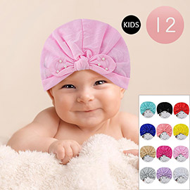 12PCS - Pearl Embellished Bow Solid Kids Turban Hats