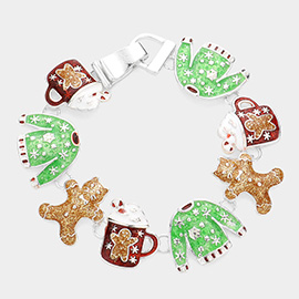 Glittered Christmas Sweater Cat Gingerbread Man Pointed Latte Link Magnetic Bracelet