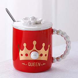 Queen Message Crown Accented Flower Lid Ceramic Mug Cup