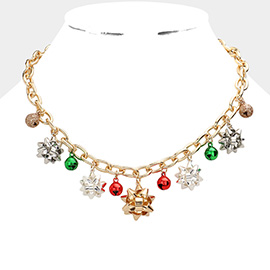 Christmas Gift Bow Jingle Bell Station Necklace