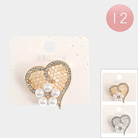 12PCS - Pearl Flower Pointed Rhinestone Trimmed Heart Pin Brooches