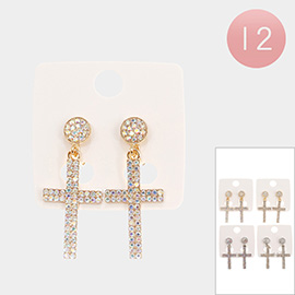 12Pairs - Rhinestone Embellished Cross Dangle Earrings