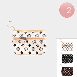 12PCS - Patterned Faux Leather Coin Purse Keychains
