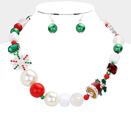 Christmas Jingle Bell Snowflake Pearl Beaded Necklace